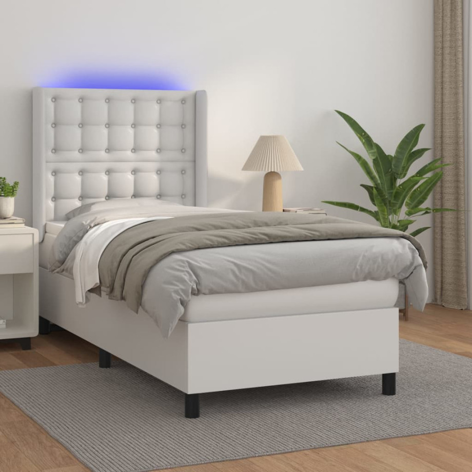 vidaXL Boxspring met matras en LED kunstleer wit 90x190 cm afbeelding 1
