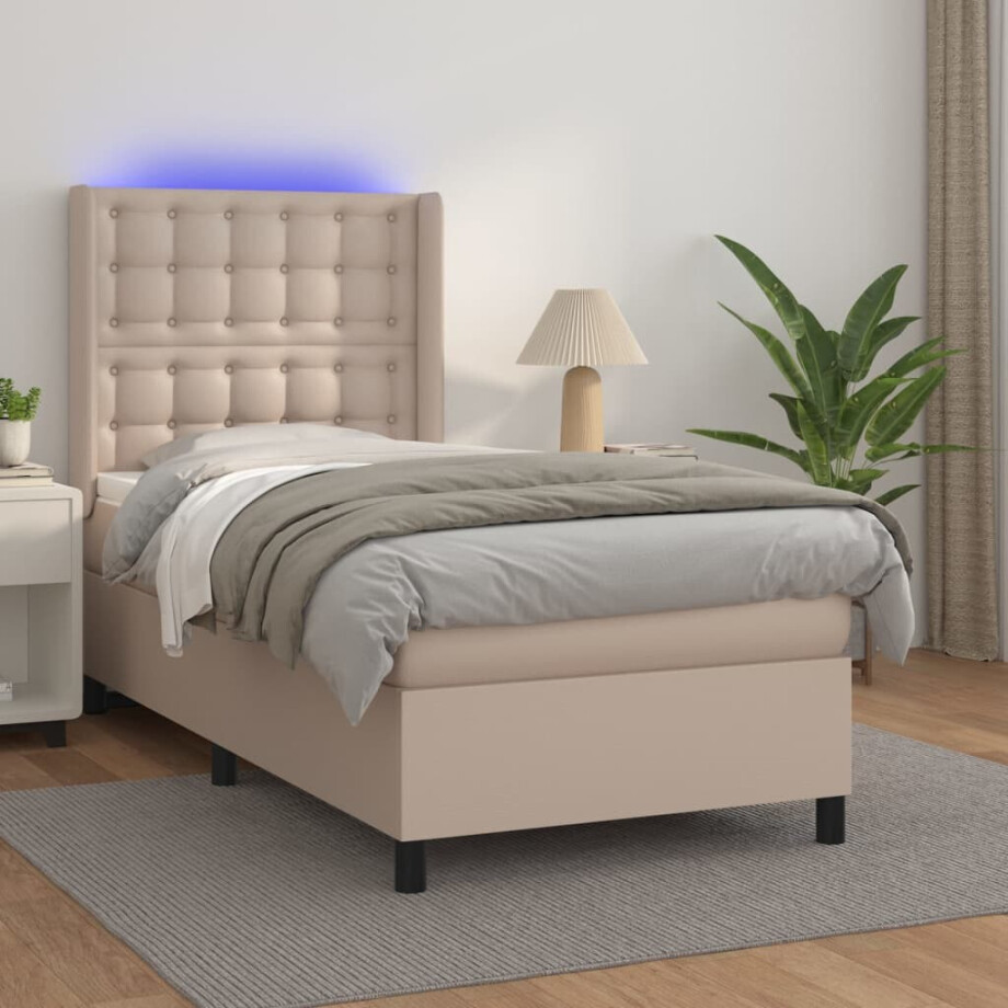 vidaXL Boxspring met matras en LED kunstleer cappuccinokleur 90x200 cm vidaXL Boxspring met matras en LED kunstleer cappuccinokleur 90x200 cm afbeelding 1