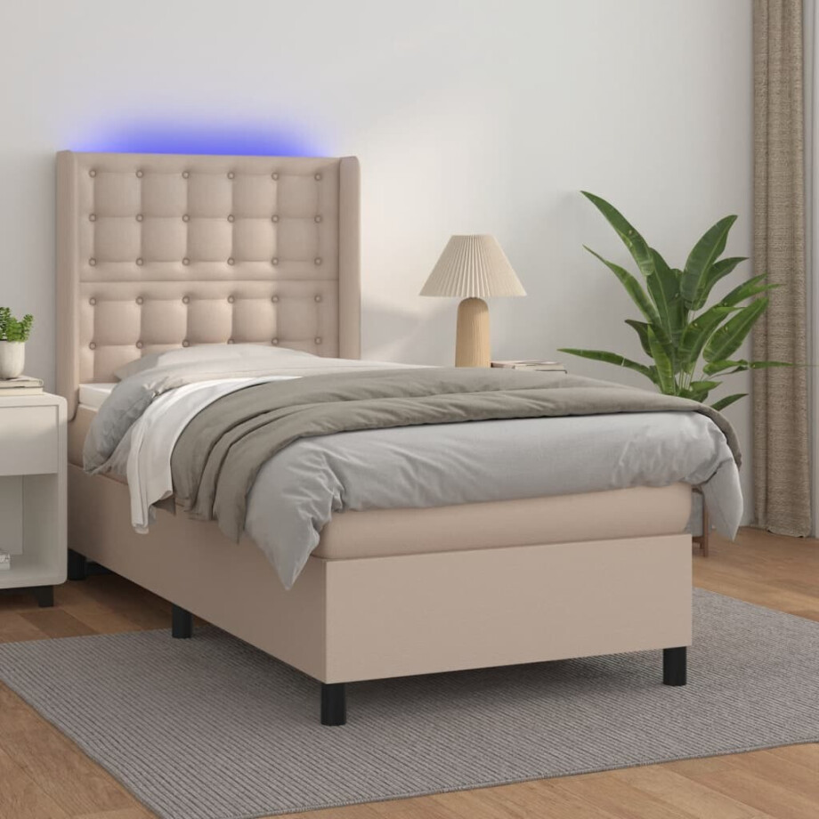 vidaXL Boxspring met matras en LED kunstleer cappuccinokleur 100x200cm vidaXL Boxspring met matras en LED kunstleer cappuccinokleur 100x200cm afbeelding 1