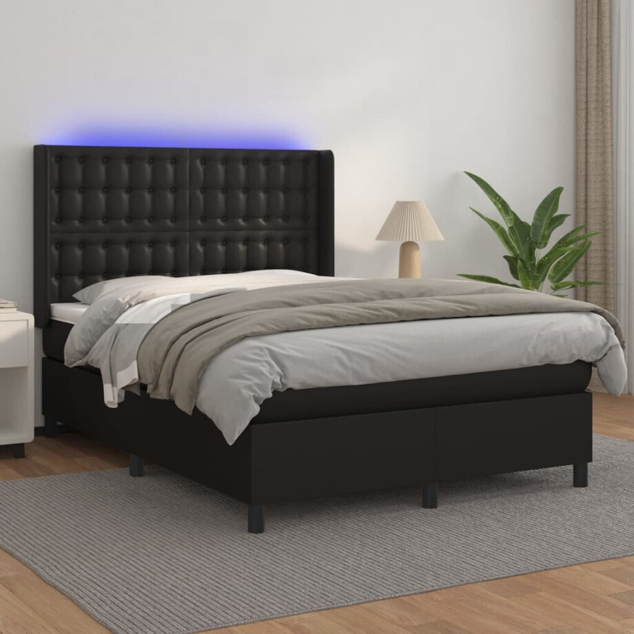vidaXL Boxspring met matras en LED kunstleer zwart 140x190 cm afbeelding 1