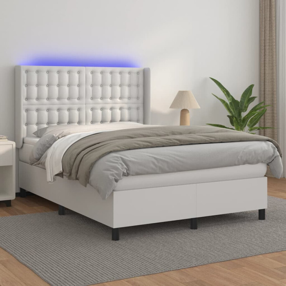 vidaXL Boxspring met matras en LED kunstleer wit 140x200 cm afbeelding 1