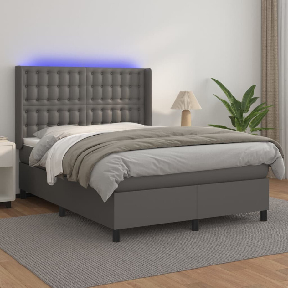 vidaXL Boxspring met matras en LED kunstleer grijs 140x200 cm afbeelding 1