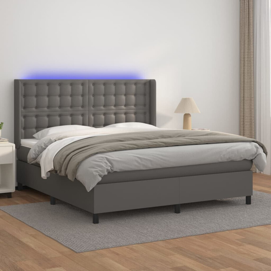 vidaXL Boxspring met matras en LED kunstleer grijs 160x200 cm vidaXL Boxspring met matras en LED kunstleer grijs 160x200 cm afbeelding 1