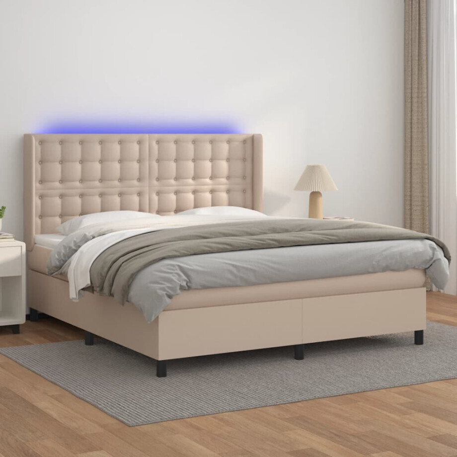 vidaXL Boxspring met matras en LED kunstleer cappuccinokleur 160x200cm afbeelding 1