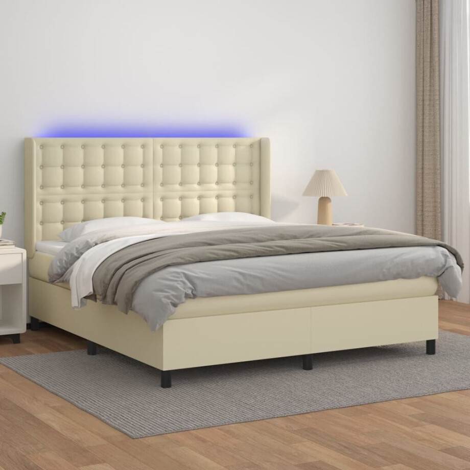 vidaXL Boxspring met matras en LED kunstleer crèmekleurig 180x200 cm afbeelding 1