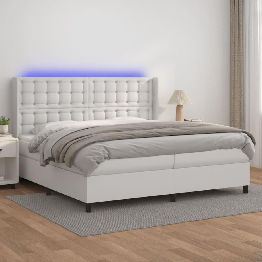 vidaXL Boxspring met matras en LED kunstleer wit 200x200 cm afbeelding 1