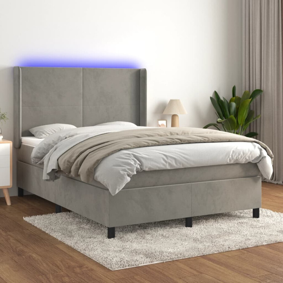 vidaXL Boxspring met matras en LED fluweel lichtgrijs 140x200 cm afbeelding 1