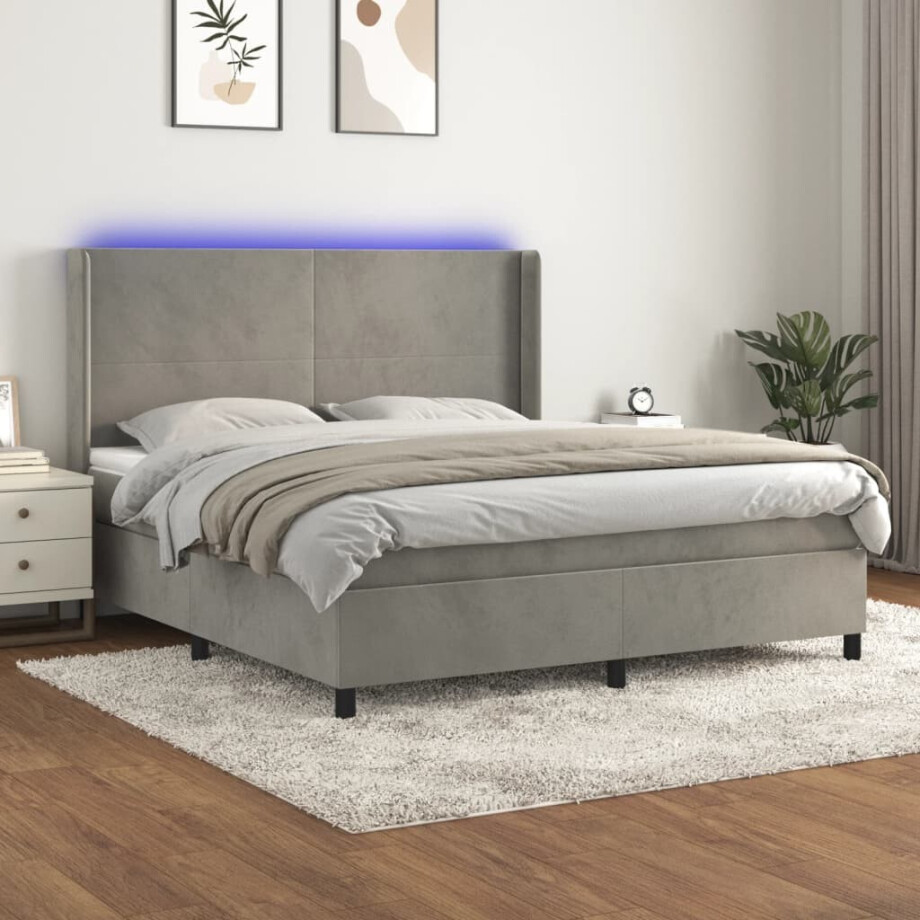 vidaXL Boxspring met matras en LED fluweel lichtgrijs 180x200 cm afbeelding 1
