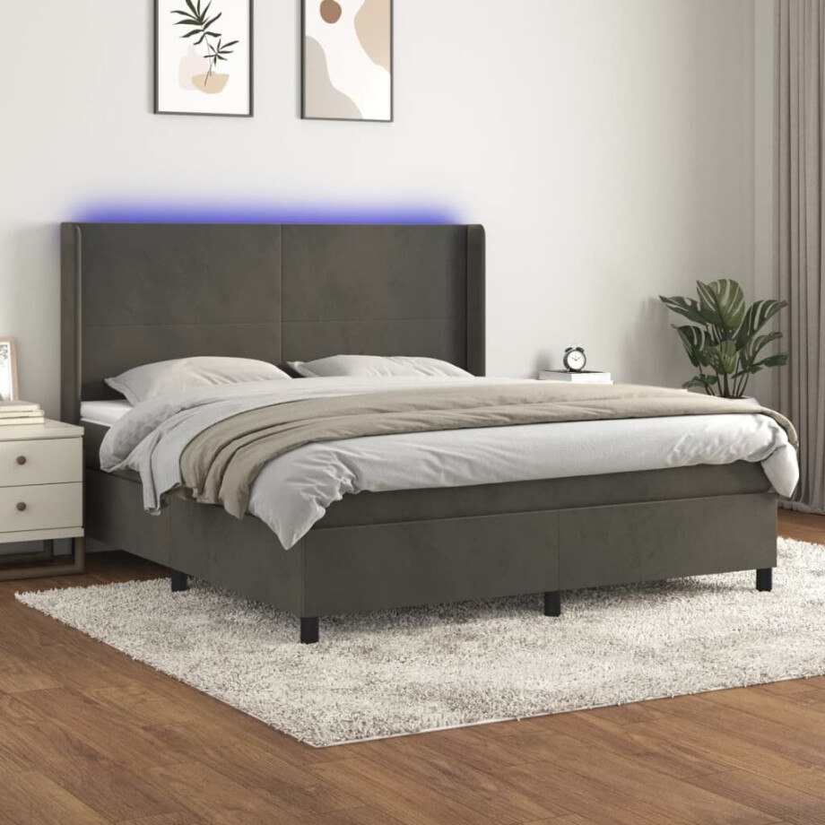vidaXL Boxspring met matras en LED fluweel donkergrijs 180x200 cm afbeelding 1
