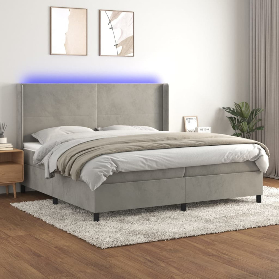 vidaXL Boxspring met matras en LED fluweel lichtgrijs 200x200 cm afbeelding 1