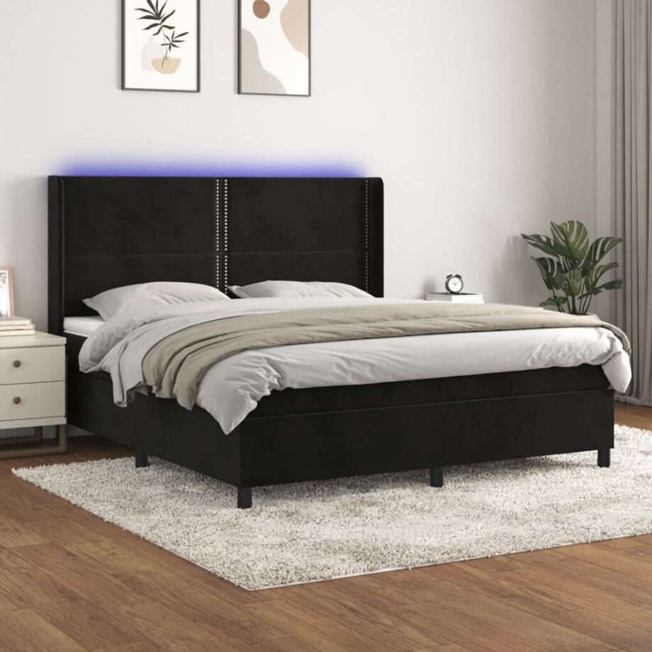 vidaXL Boxspring met matras en LED fluweel zwart 180x200 cm afbeelding 1
