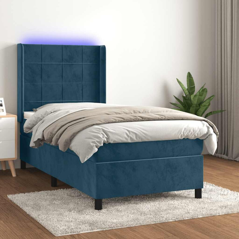 vidaXL Boxspring met matras en LED fluweel donkerblauw 90x200 cm afbeelding 1