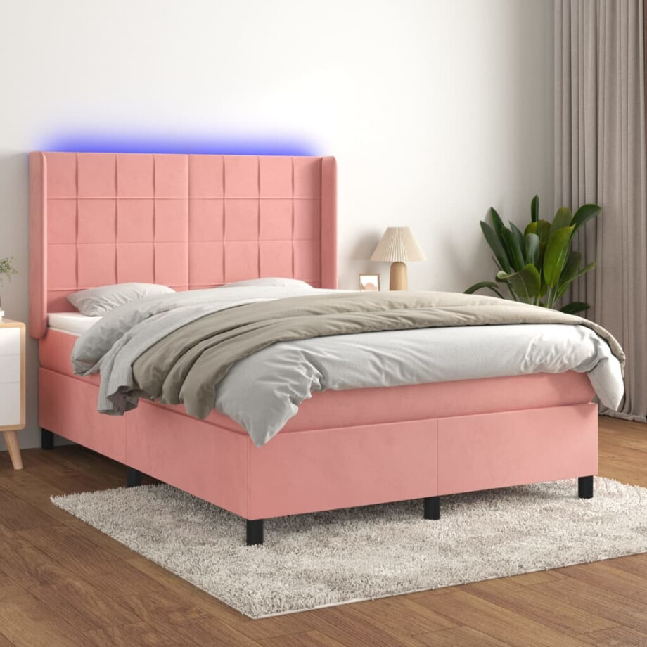 vidaXL Boxspring met matras en LED fluweel roze 140x190 cm afbeelding 1