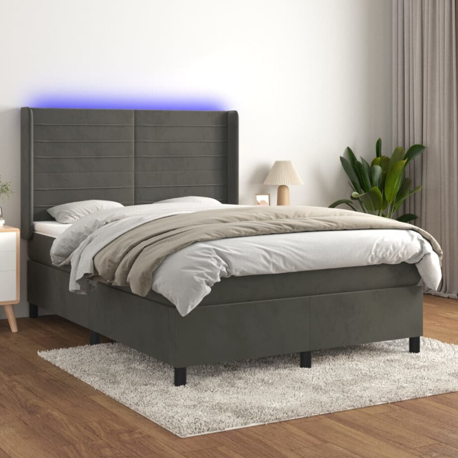 vidaXL Boxspring met matras en LED fluweel donkergrijs 140x200 cm afbeelding 1