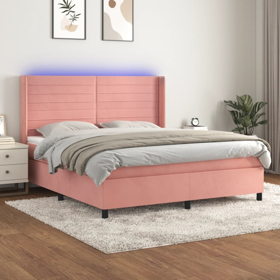 vidaXL Boxspring met matras en LED fluweel roze 160x200 cm vidaXL Boxspring met matras en LED fluweel roze 160x200 cm afbeelding 1