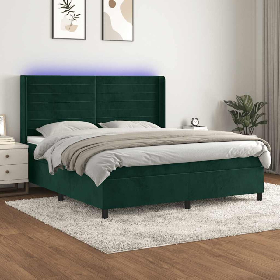 vidaXL Boxspring met matras en LED fluweel donkergroen 180x200 cm afbeelding 1