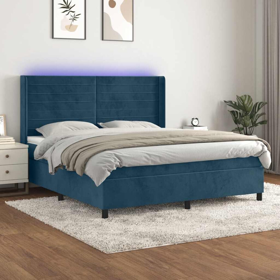vidaXL Boxspring met matras en LED fluweel donkerblauw 180x200 cm vidaXL Boxspring met matras en LED fluweel donkerblauw 180x200 cm afbeelding 1