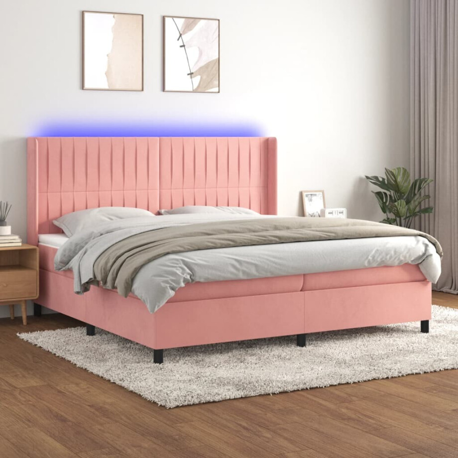 vidaXL Boxspring met matras en LED fluweel roze 200x200 cm afbeelding 1