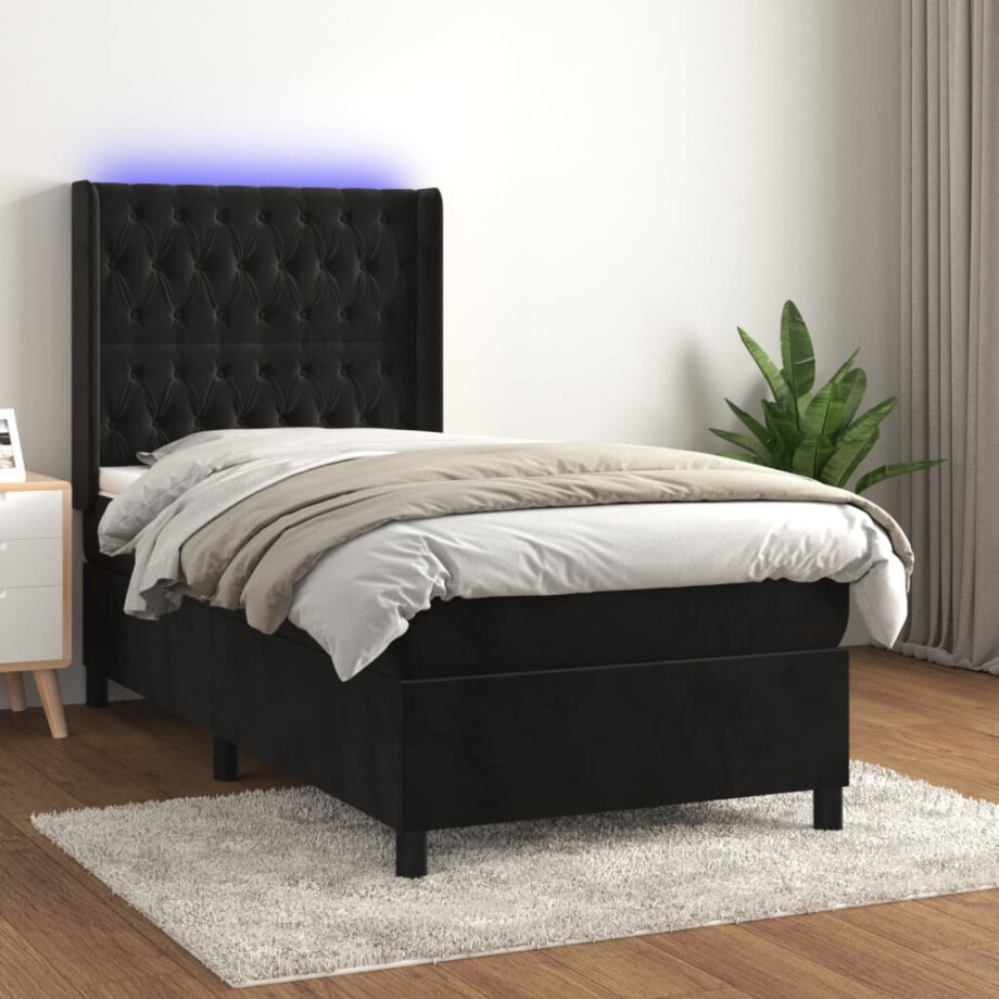 vidaXL Boxspring met matras en LED fluweel zwart 90x190 cm vidaXL Boxspring met matras en LED fluweel zwart 90x190 cm afbeelding 1