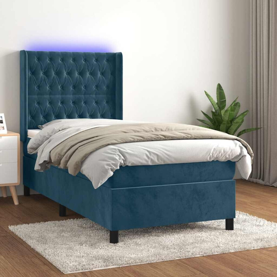 vidaXL Boxspring met matras en LED fluweel donkerblauw 90x200 cm vidaXL Boxspring met matras en LED fluweel donkerblauw 90x200 cm afbeelding 1