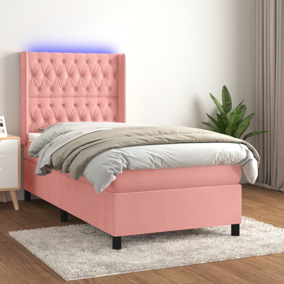 vidaXL Boxspring met matras en LED fluweel roze 90x200 cm afbeelding 1