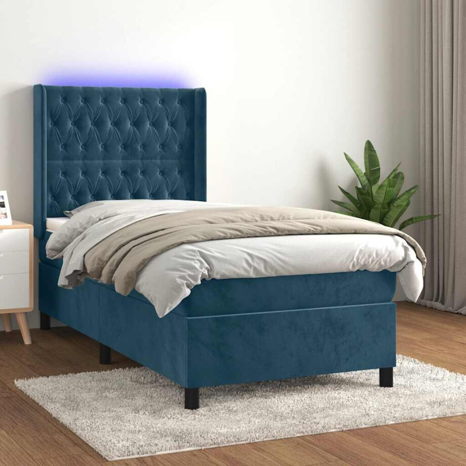 vidaXL Boxspring met matras en LED fluweel donkerblauw 100x200 cm vidaXL Boxspring met matras en LED fluweel donkerblauw 100x200 cm afbeelding 1