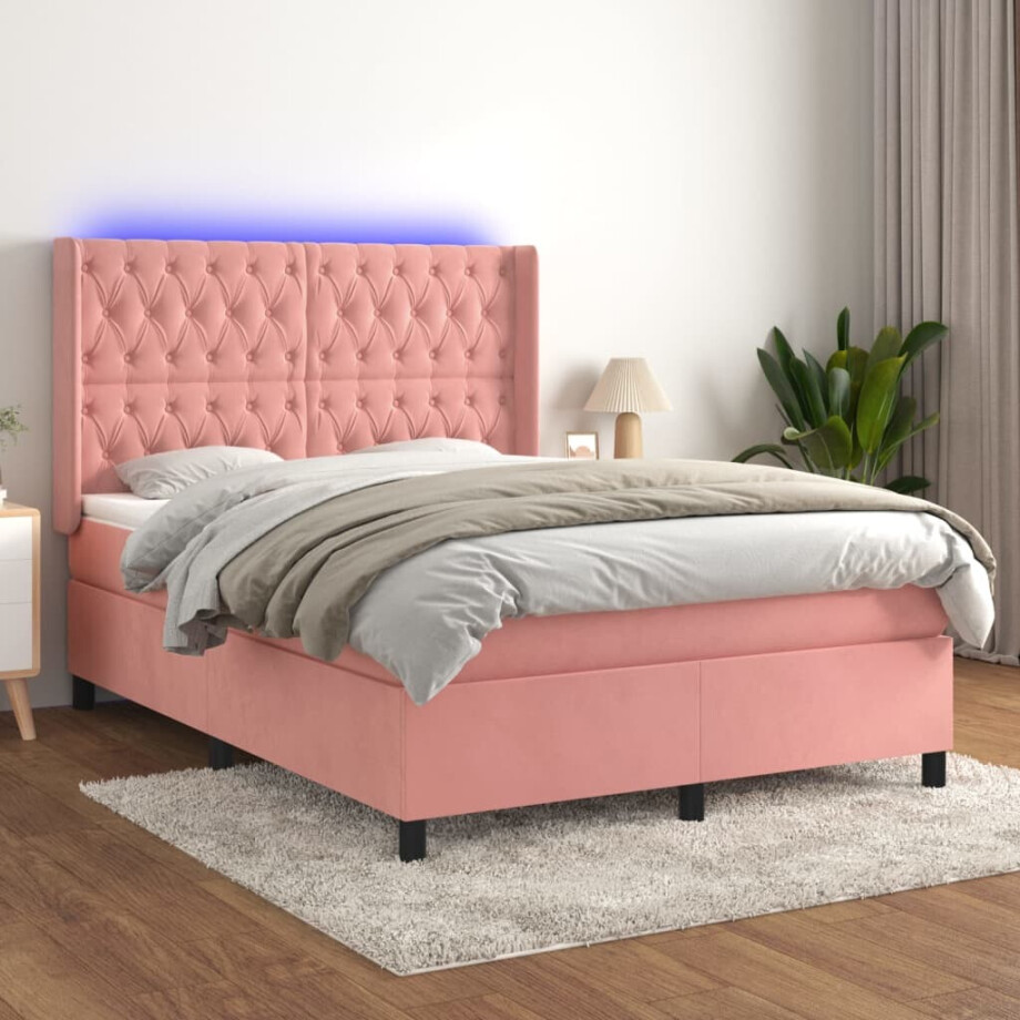 vidaXL Boxspring met matras en LED fluweel roze 140x190 cm vidaXL Boxspring met matras en LED fluweel roze 140x190 cm afbeelding 1