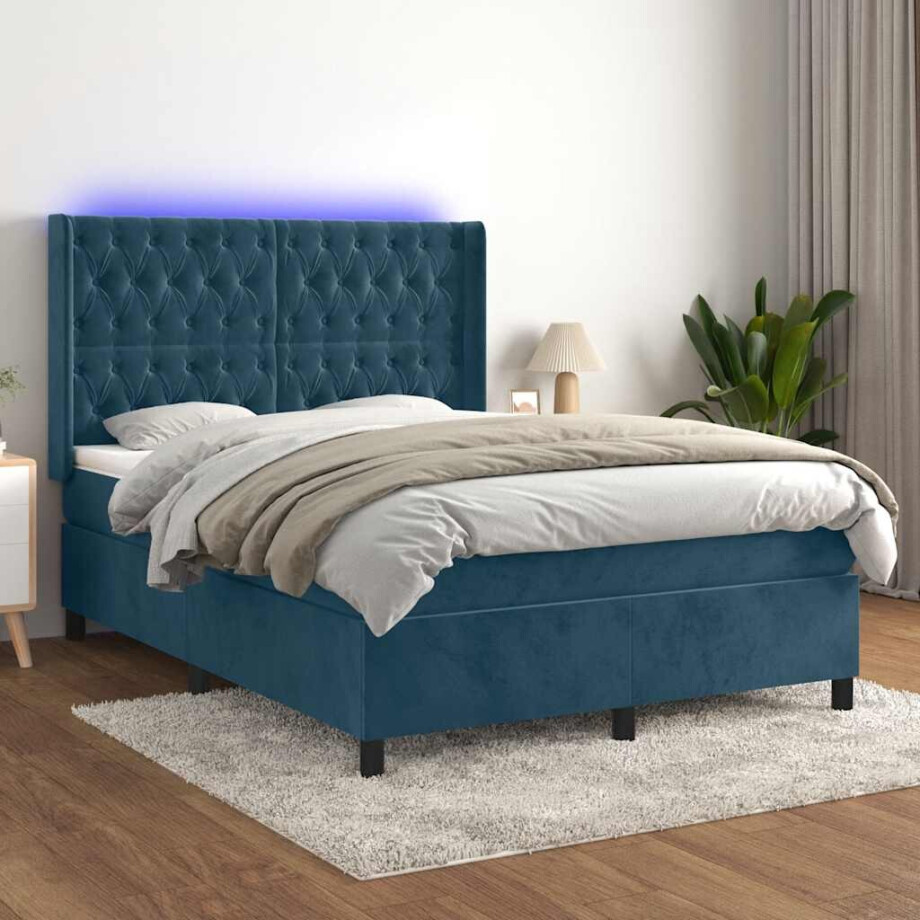 vidaXL Boxspring met matras en LED fluweel donkerblauw 140x200 cm afbeelding 1