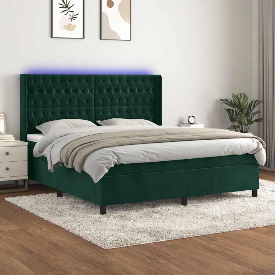 vidaXL Boxspring met matras en LED fluweel donkergroen 180x200 cm afbeelding 1