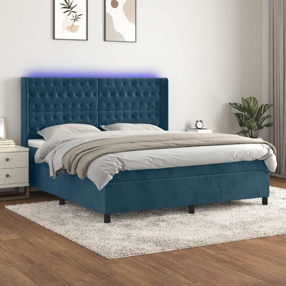 vidaXL Boxspring met matras en LED fluweel donkerblauw 180x200 cm afbeelding 1