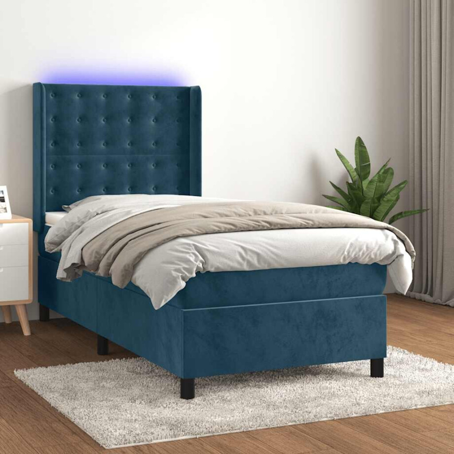 vidaXL Boxspring met matras en LED fluweel donkerblauw 100x200 cm afbeelding 1