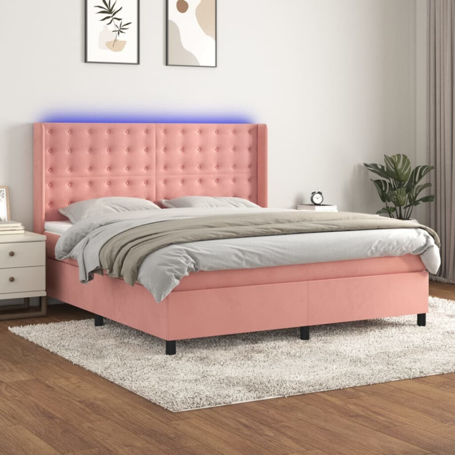 vidaXL Boxspring met matras en LED fluweel roze 160x200 cm afbeelding 1
