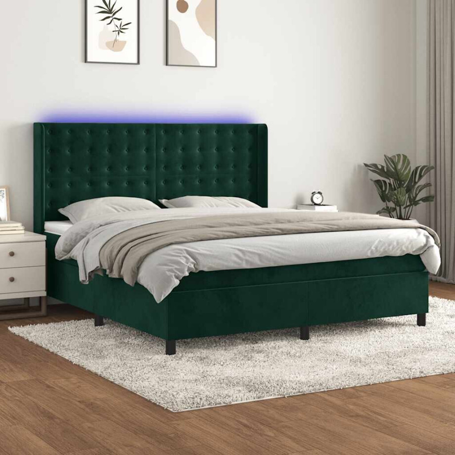 vidaXL Boxspring met matras en LED fluweel donkergroen 180x200 cm afbeelding 1