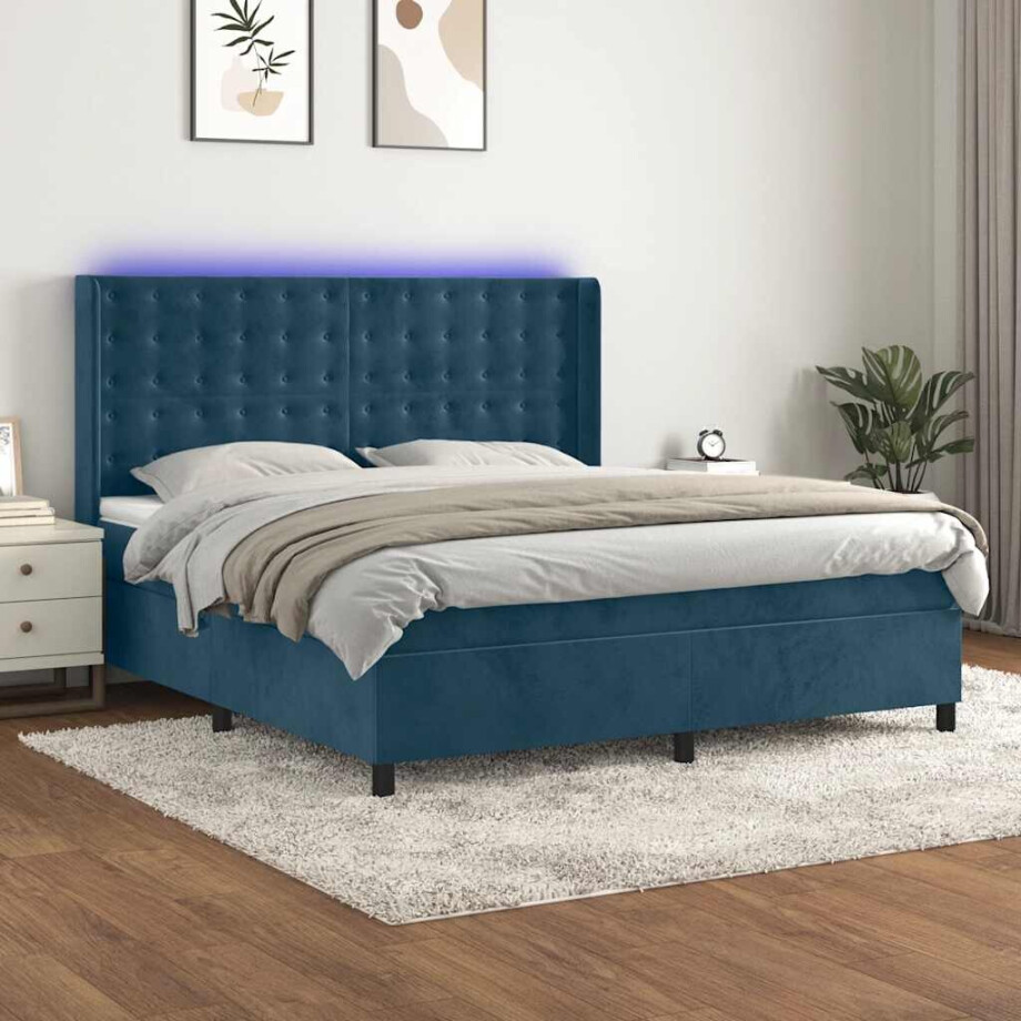 vidaXL Boxspring met matras en LED fluweel donkerblauw 180x200 cm vidaXL Boxspring met matras en LED fluweel donkerblauw 180x200 cm afbeelding 1