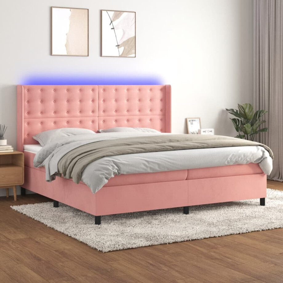 vidaXL Boxspring met matras en LED fluweel roze 200x200 cm afbeelding 1