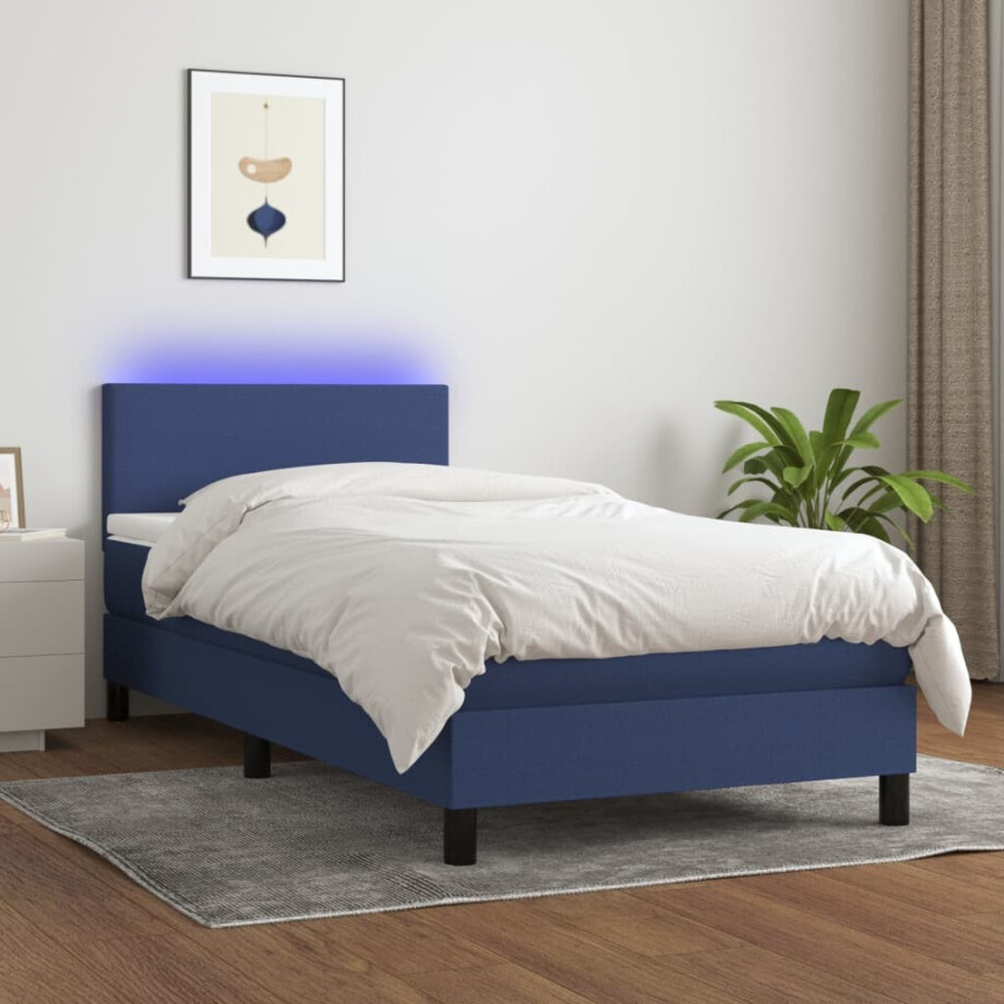 vidaXL Boxspring met matras en LED stof blauw 90x190 cm afbeelding 1
