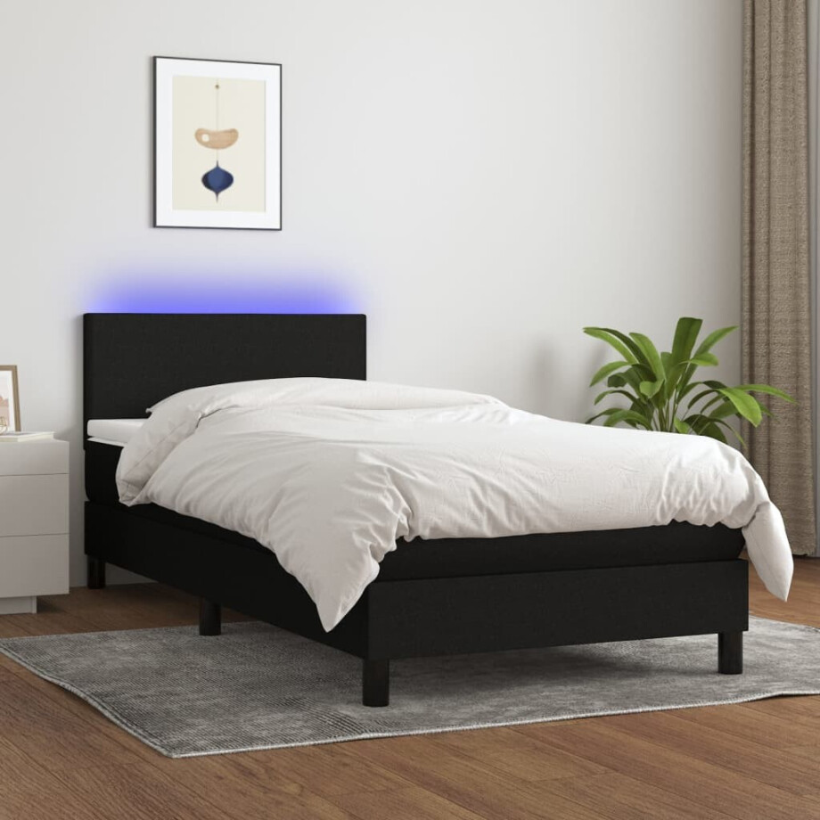 vidaXL Boxspring met matras en LED stof zwart 90x200 cm afbeelding 1
