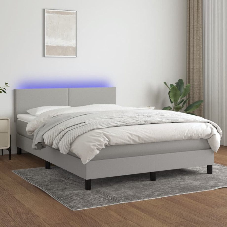 vidaXL Boxspring met matras en LED stof lichtgrijs 140x190 cm afbeelding 1