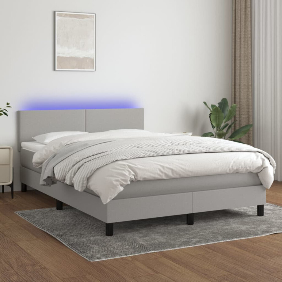 vidaXL Boxspring met matras en LED stof lichtgrijs 140x200 cm afbeelding 1