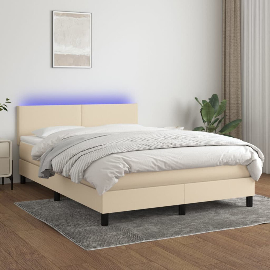 vidaXL Boxspring met matras en LED stof crèmekleurig 140x200 cm afbeelding 1