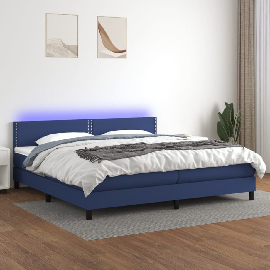 vidaXL Boxspring met matras en LED stof blauw 200x200 cm afbeelding 1