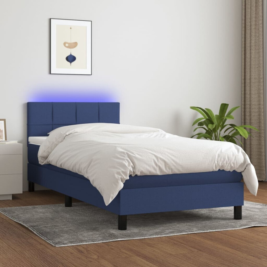 vidaXL Boxspring met matras en LED stof blauw 90x200 cm afbeelding 1