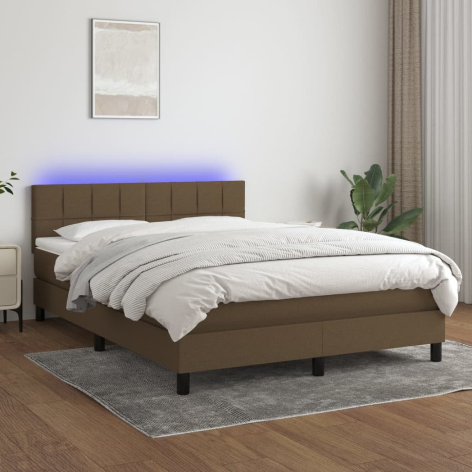 vidaXL Boxspring met matras en LED stof donkerbruin 140x190 cm afbeelding 1