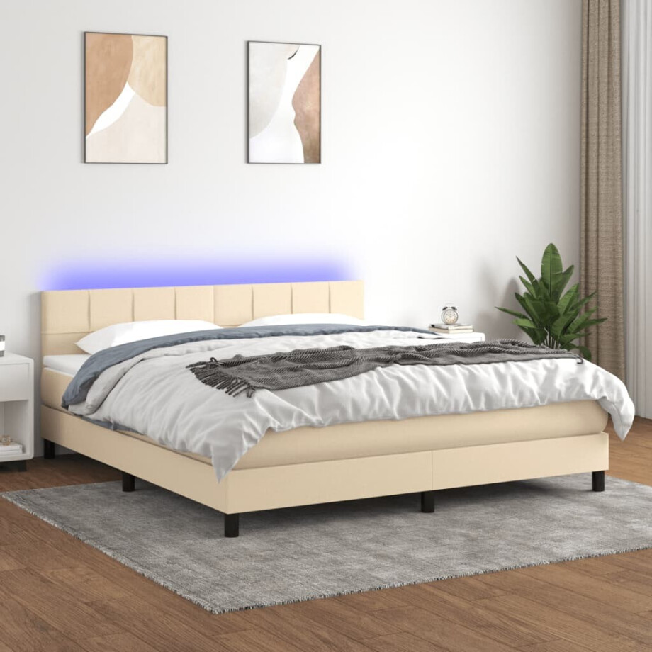 vidaXL Boxspring met matras en LED stof crèmekleurig 160x200 cm vidaXL Boxspring met matras en LED stof crèmekleurig 160x200 cm afbeelding 1