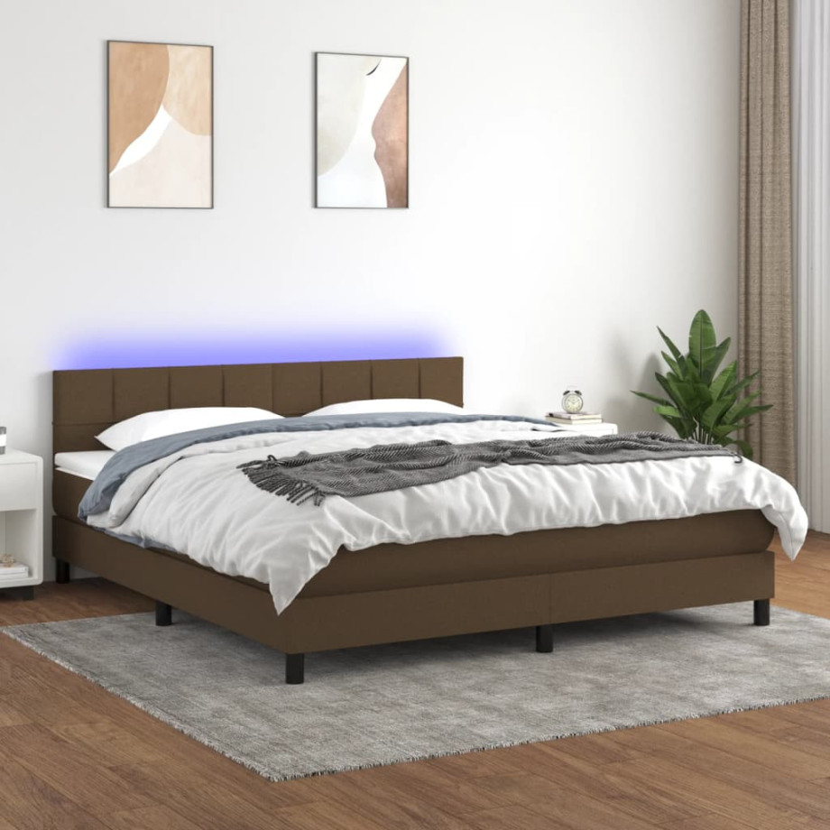 vidaXL Boxspring met matras en LED stof donkerbruin 180x200 cm afbeelding 1