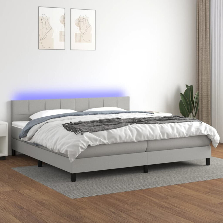 vidaXL Boxspring met matras en LED stof lichtgrijs 200x200 cm vidaXL Boxspring met matras en LED stof lichtgrijs 200x200 cm afbeelding 1