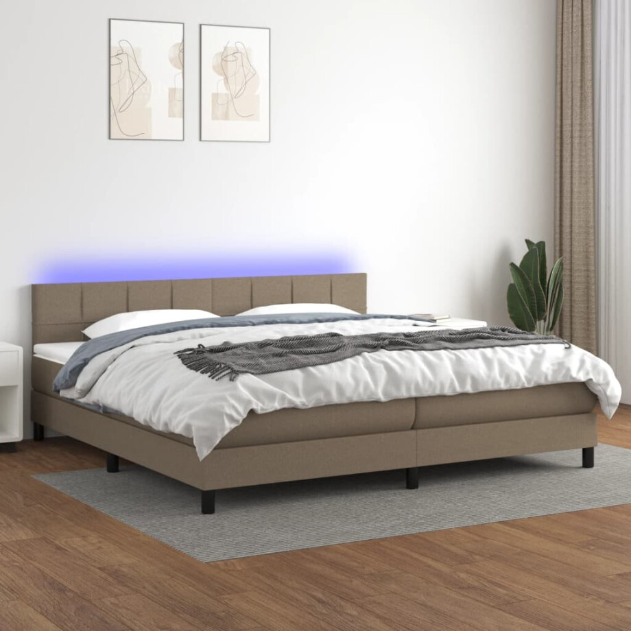 vidaXL Boxspring met matras en LED stof taupe 200x200 cm afbeelding 1