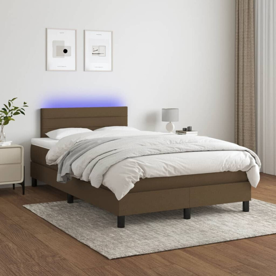 vidaXL Boxspring met matras en LED stof donkerbruin 120x200 cm afbeelding 1