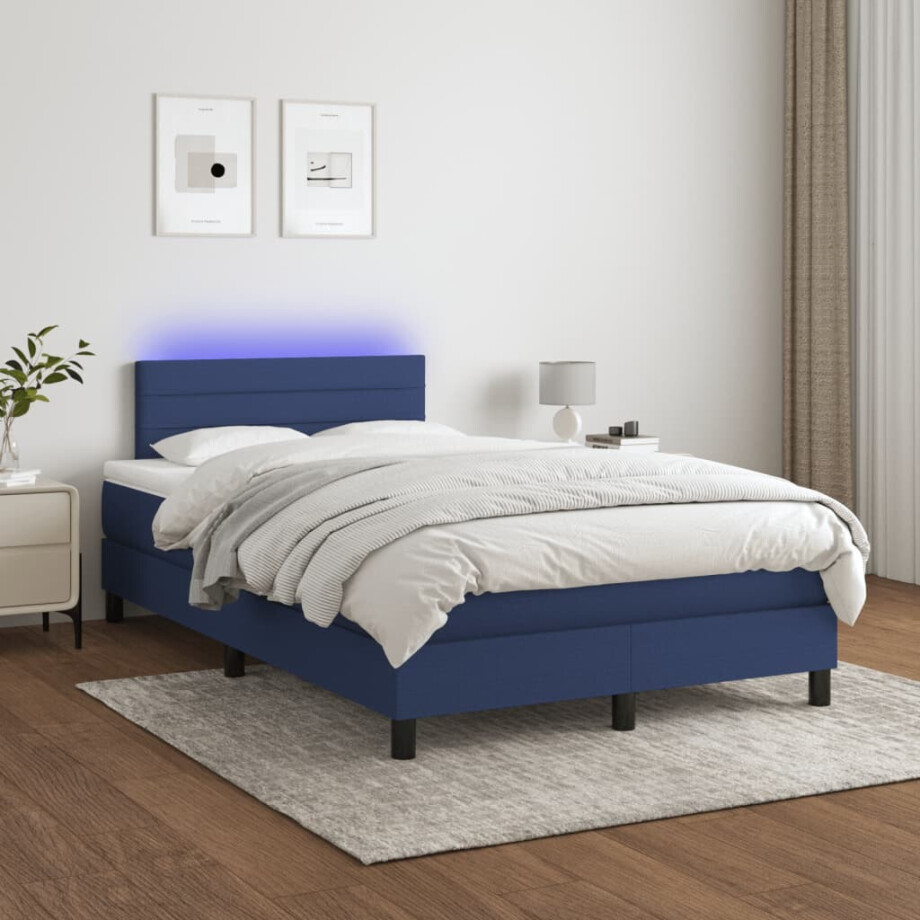 vidaXL Boxspring met matras en LED stof blauw 120x200 cm afbeelding 1