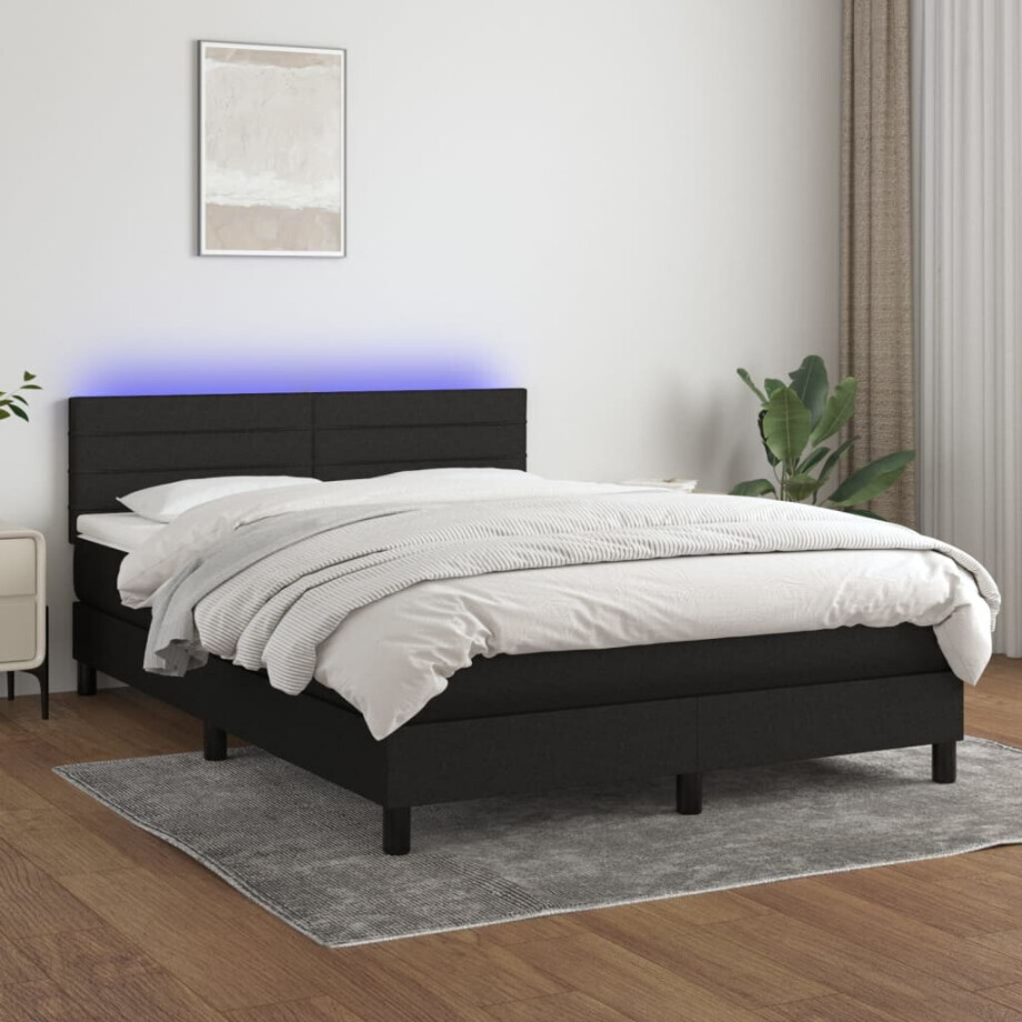 vidaXL Boxspring met matras en LED stof zwart 140x190 cm afbeelding 1